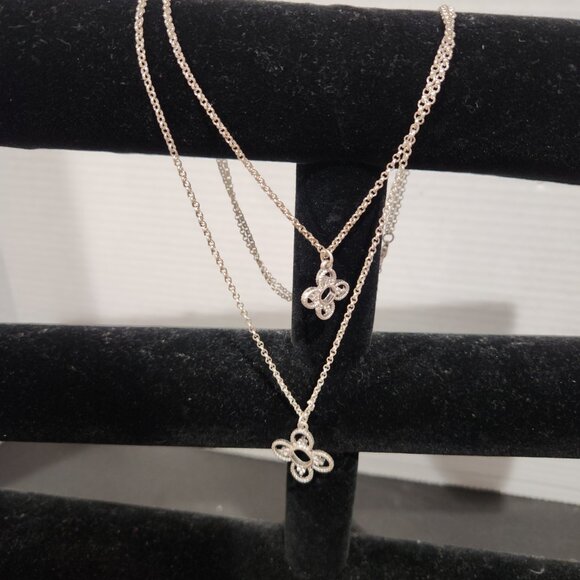 Retro Silver Tone Double Strand Dainty Flower Chain Statement Necklace - Picture 5 of 9